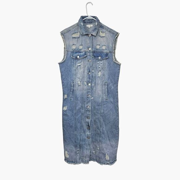Carole Christian Long Sleeveless Distressed Denim Dress Button-Up Size Large - Picture 1 of 7